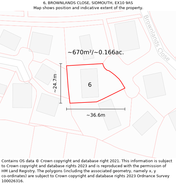 6, BROWNLANDS CLOSE, SIDMOUTH, EX10 9AS: Plot and title map