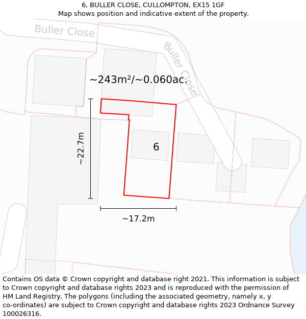 6, BULLER CLOSE, CULLOMPTON, EX15 1GF: Plot and title map