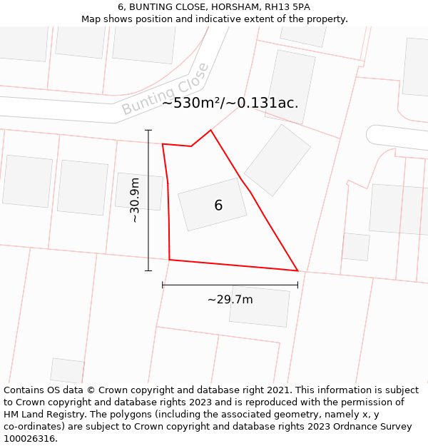 6, BUNTING CLOSE, HORSHAM, RH13 5PA: Plot and title map