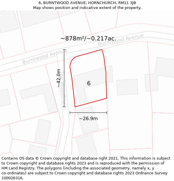 6, BURNTWOOD AVENUE, HORNCHURCH, RM11 3JB: Plot and title map