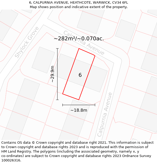 6, CALPURNIA AVENUE, HEATHCOTE, WARWICK, CV34 6FL: Plot and title map