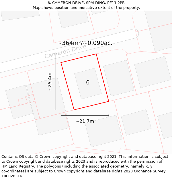 6, CAMERON DRIVE, SPALDING, PE11 2PR: Plot and title map