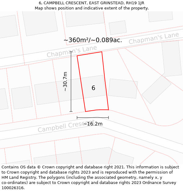 6, CAMPBELL CRESCENT, EAST GRINSTEAD, RH19 1JR: Plot and title map