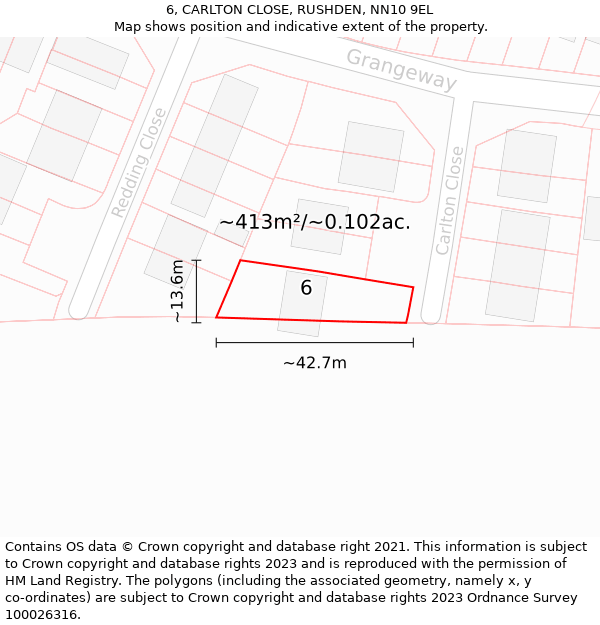 6, CARLTON CLOSE, RUSHDEN, NN10 9EL: Plot and title map