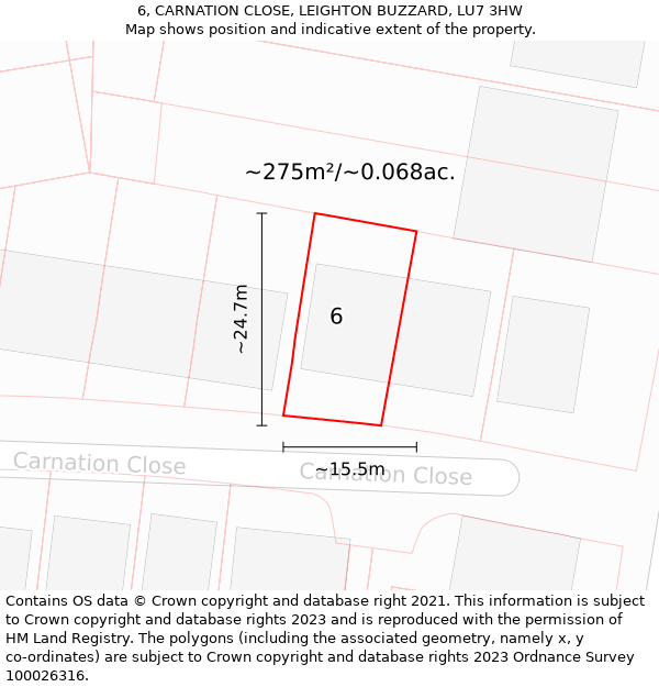6, CARNATION CLOSE, LEIGHTON BUZZARD, LU7 3HW: Plot and title map