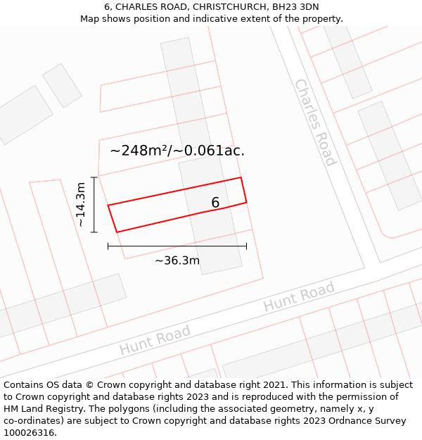6, CHARLES ROAD, CHRISTCHURCH, BH23 3DN: Plot and title map