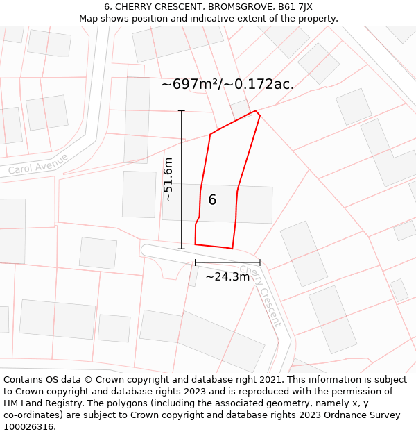 6, CHERRY CRESCENT, BROMSGROVE, B61 7JX: Plot and title map