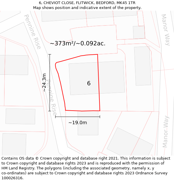 6, CHEVIOT CLOSE, FLITWICK, BEDFORD, MK45 1TR: Plot and title map