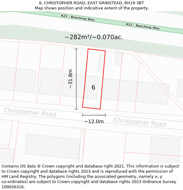 6, CHRISTOPHER ROAD, EAST GRINSTEAD, RH19 3BT: Plot and title map