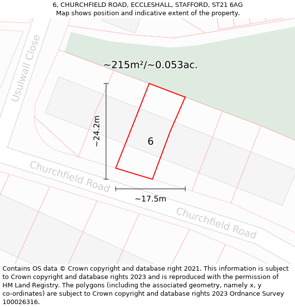 6, CHURCHFIELD ROAD, ECCLESHALL, STAFFORD, ST21 6AG: Plot and title map