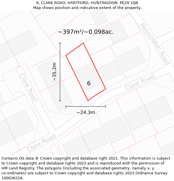 6, CLARE ROAD, HARTFORD, HUNTINGDON, PE29 1QB: Plot and title map