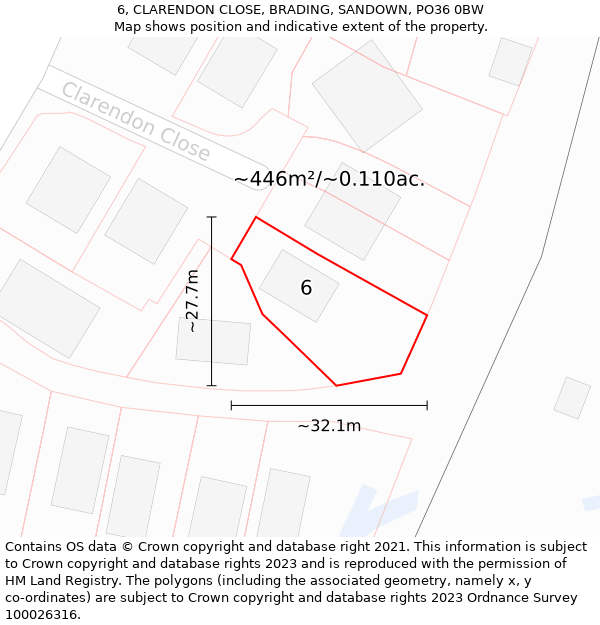 6, CLARENDON CLOSE, BRADING, SANDOWN, PO36 0BW: Plot and title map