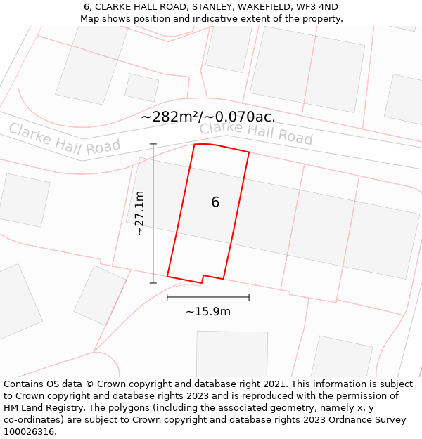 6, CLARKE HALL ROAD, STANLEY, WAKEFIELD, WF3 4ND: Plot and title map