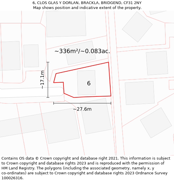 6, CLOS GLAS Y DORLAN, BRACKLA, BRIDGEND, CF31 2NY: Plot and title map