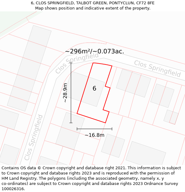 6, CLOS SPRINGFIELD, TALBOT GREEN, PONTYCLUN, CF72 8FE: Plot and title map