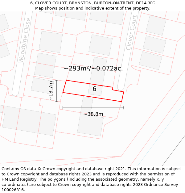 6, CLOVER COURT, BRANSTON, BURTON-ON-TRENT, DE14 3FG: Plot and title map