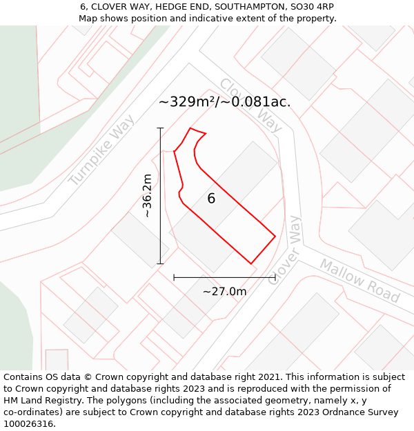 6, CLOVER WAY, HEDGE END, SOUTHAMPTON, SO30 4RP: Plot and title map