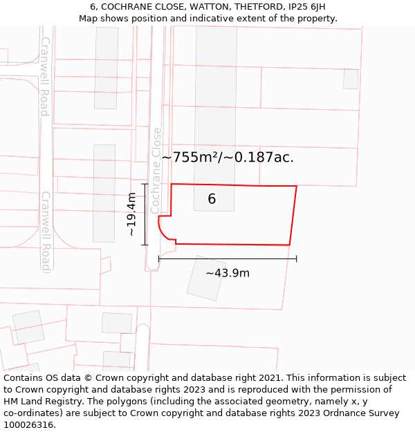 6, COCHRANE CLOSE, WATTON, THETFORD, IP25 6JH: Plot and title map