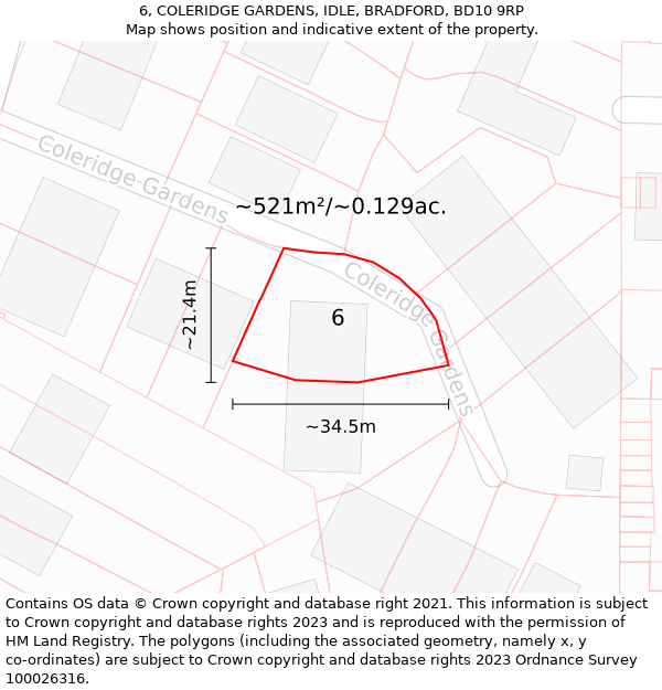 6, COLERIDGE GARDENS, IDLE, BRADFORD, BD10 9RP: Plot and title map