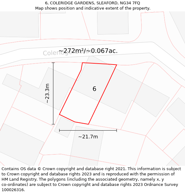 6, COLERIDGE GARDENS, SLEAFORD, NG34 7FQ: Plot and title map