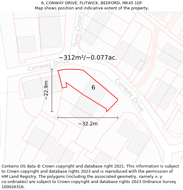 6, CONWAY DRIVE, FLITWICK, BEDFORD, MK45 1DF: Plot and title map