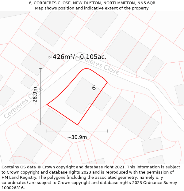 6, CORBIERES CLOSE, NEW DUSTON, NORTHAMPTON, NN5 6QR: Plot and title map