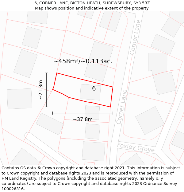 6, CORNER LANE, BICTON HEATH, SHREWSBURY, SY3 5BZ: Plot and title map