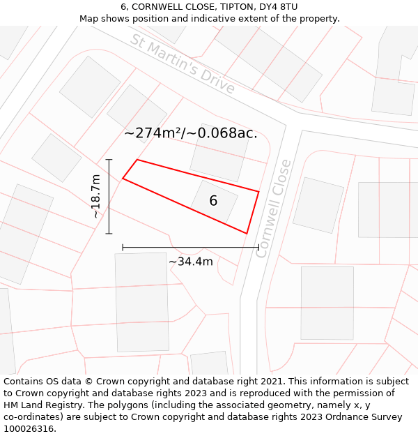 6, CORNWELL CLOSE, TIPTON, DY4 8TU: Plot and title map