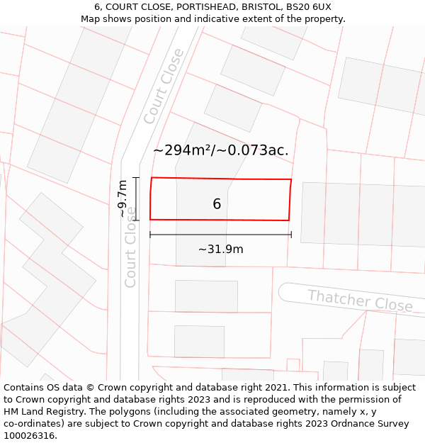 6, COURT CLOSE, PORTISHEAD, BRISTOL, BS20 6UX: Plot and title map