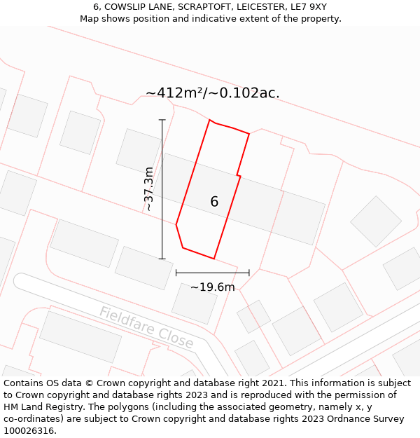 6, COWSLIP LANE, SCRAPTOFT, LEICESTER, LE7 9XY: Plot and title map
