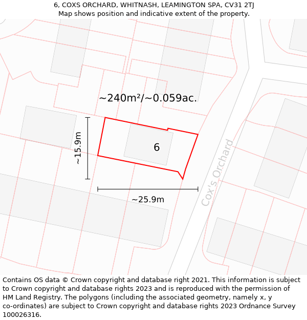 6, COXS ORCHARD, WHITNASH, LEAMINGTON SPA, CV31 2TJ: Plot and title map