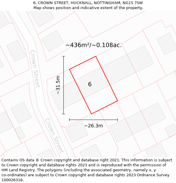 6, CROWN STREET, HUCKNALL, NOTTINGHAM, NG15 7SW: Plot and title map