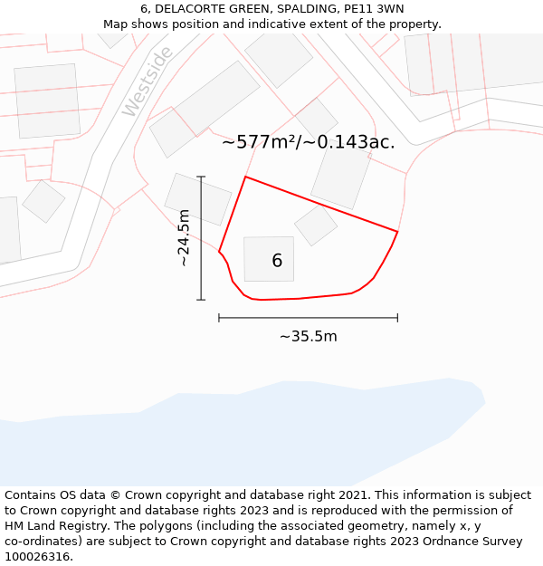 6, DELACORTE GREEN, SPALDING, PE11 3WN: Plot and title map