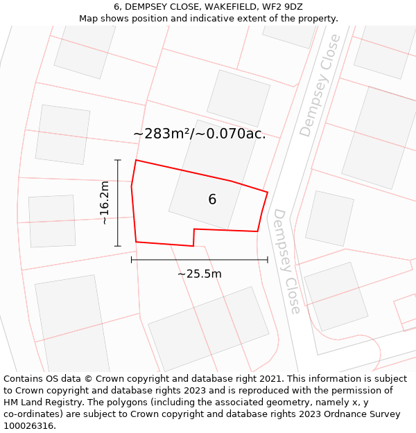 6, DEMPSEY CLOSE, WAKEFIELD, WF2 9DZ: Plot and title map
