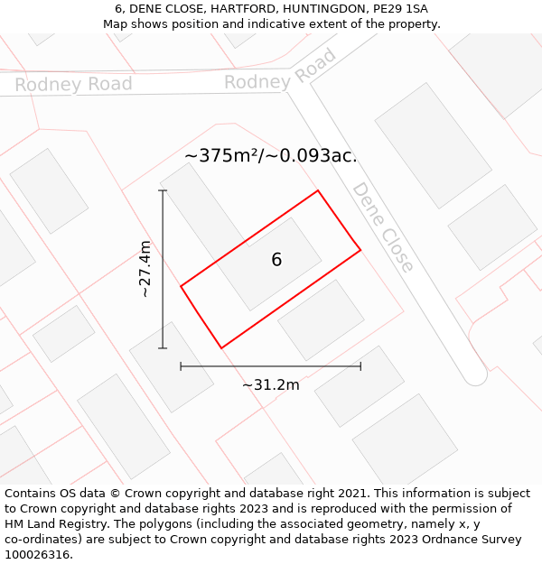 6, DENE CLOSE, HARTFORD, HUNTINGDON, PE29 1SA: Plot and title map