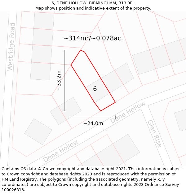 6, DENE HOLLOW, BIRMINGHAM, B13 0EL: Plot and title map