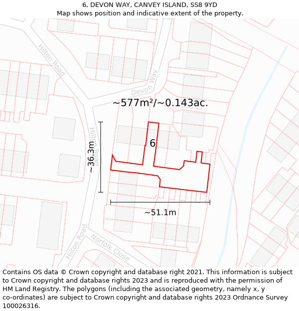 6, DEVON WAY, CANVEY ISLAND, SS8 9YD: Plot and title map