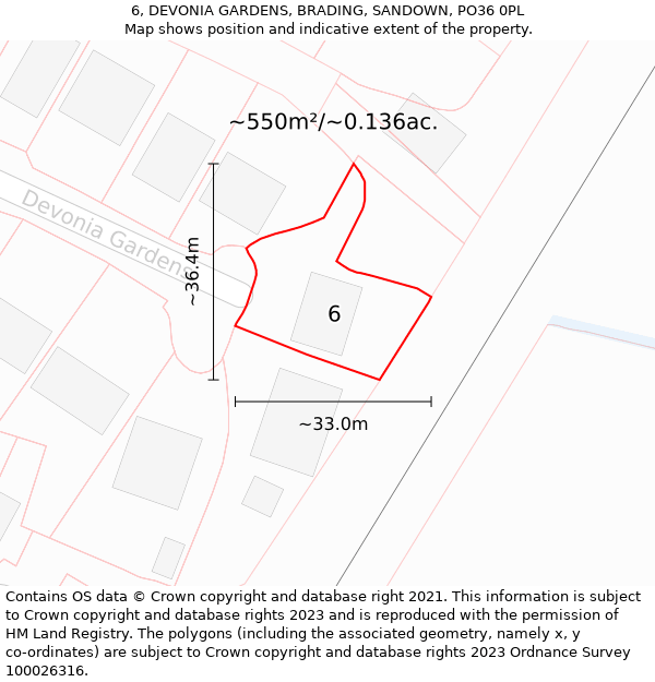 6, DEVONIA GARDENS, BRADING, SANDOWN, PO36 0PL: Plot and title map