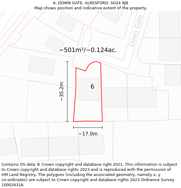 6, DOWN GATE, ALRESFORD, SO24 9JB: Plot and title map
