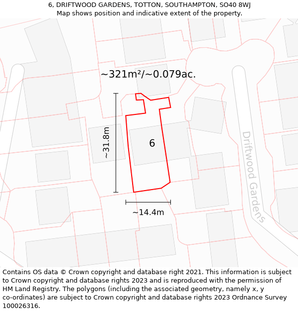 6, DRIFTWOOD GARDENS, TOTTON, SOUTHAMPTON, SO40 8WJ: Plot and title map
