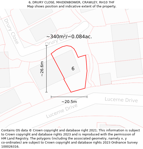 6, DRURY CLOSE, MAIDENBOWER, CRAWLEY, RH10 7HF: Plot and title map