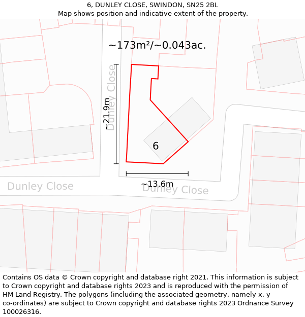 6, DUNLEY CLOSE, SWINDON, SN25 2BL: Plot and title map