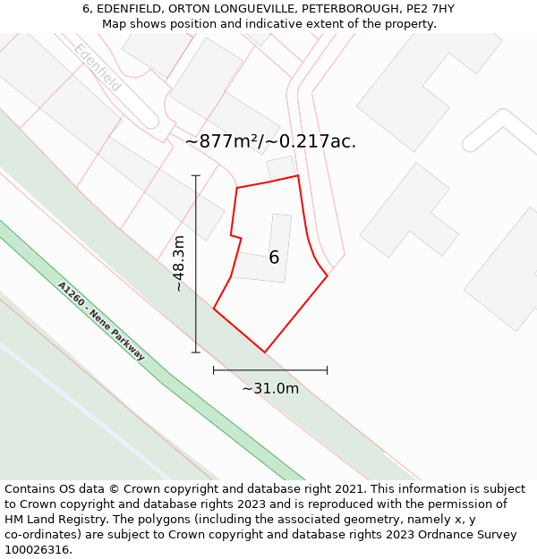 6, EDENFIELD, ORTON LONGUEVILLE, PETERBOROUGH, PE2 7HY: Plot and title map