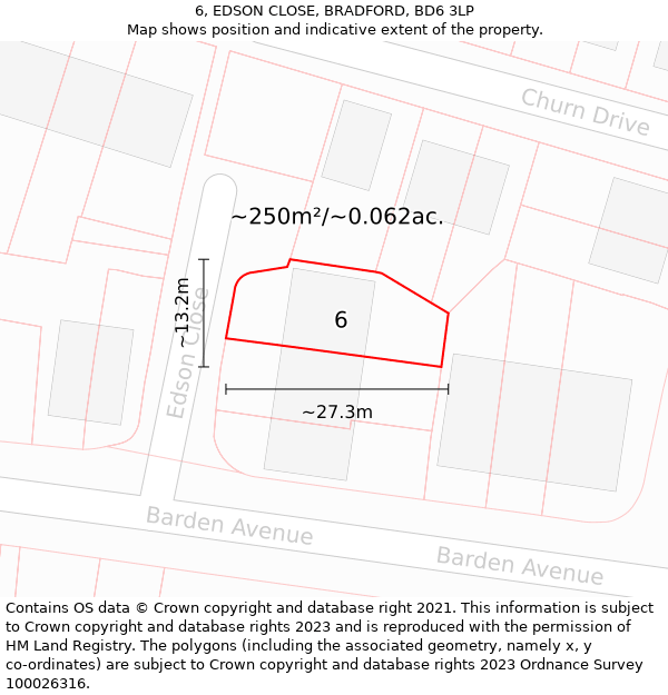 6, EDSON CLOSE, BRADFORD, BD6 3LP: Plot and title map