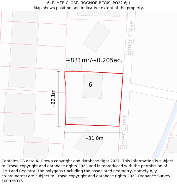 6, ELMER CLOSE, BOGNOR REGIS, PO22 6JU: Plot and title map