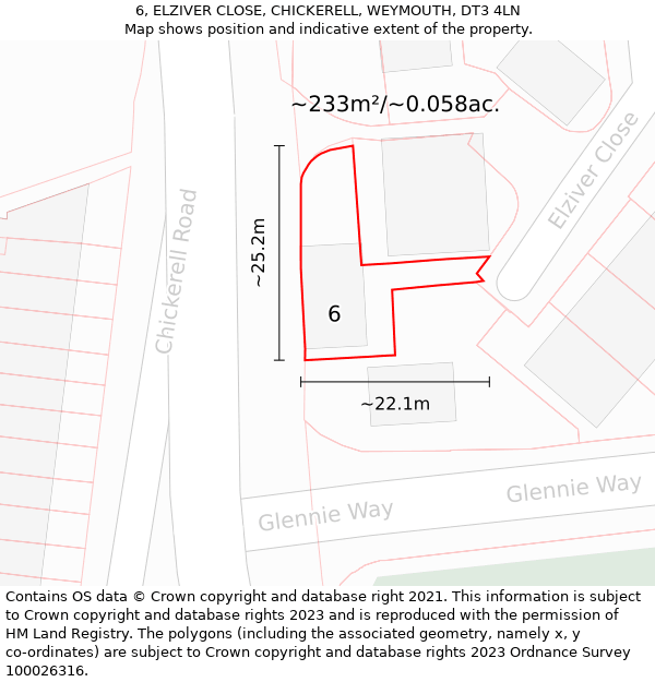 6, ELZIVER CLOSE, CHICKERELL, WEYMOUTH, DT3 4LN: Plot and title map