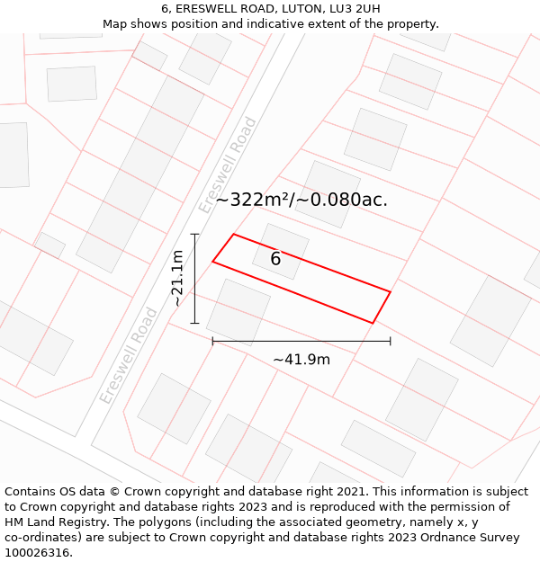 6, ERESWELL ROAD, LUTON, LU3 2UH: Plot and title map