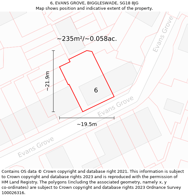 6, EVANS GROVE, BIGGLESWADE, SG18 8JG: Plot and title map