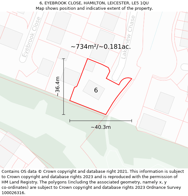 6, EYEBROOK CLOSE, HAMILTON, LEICESTER, LE5 1QU: Plot and title map