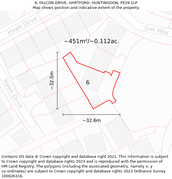 6, FALCON DRIVE, HARTFORD, HUNTINGDON, PE29 1LP: Plot and title map